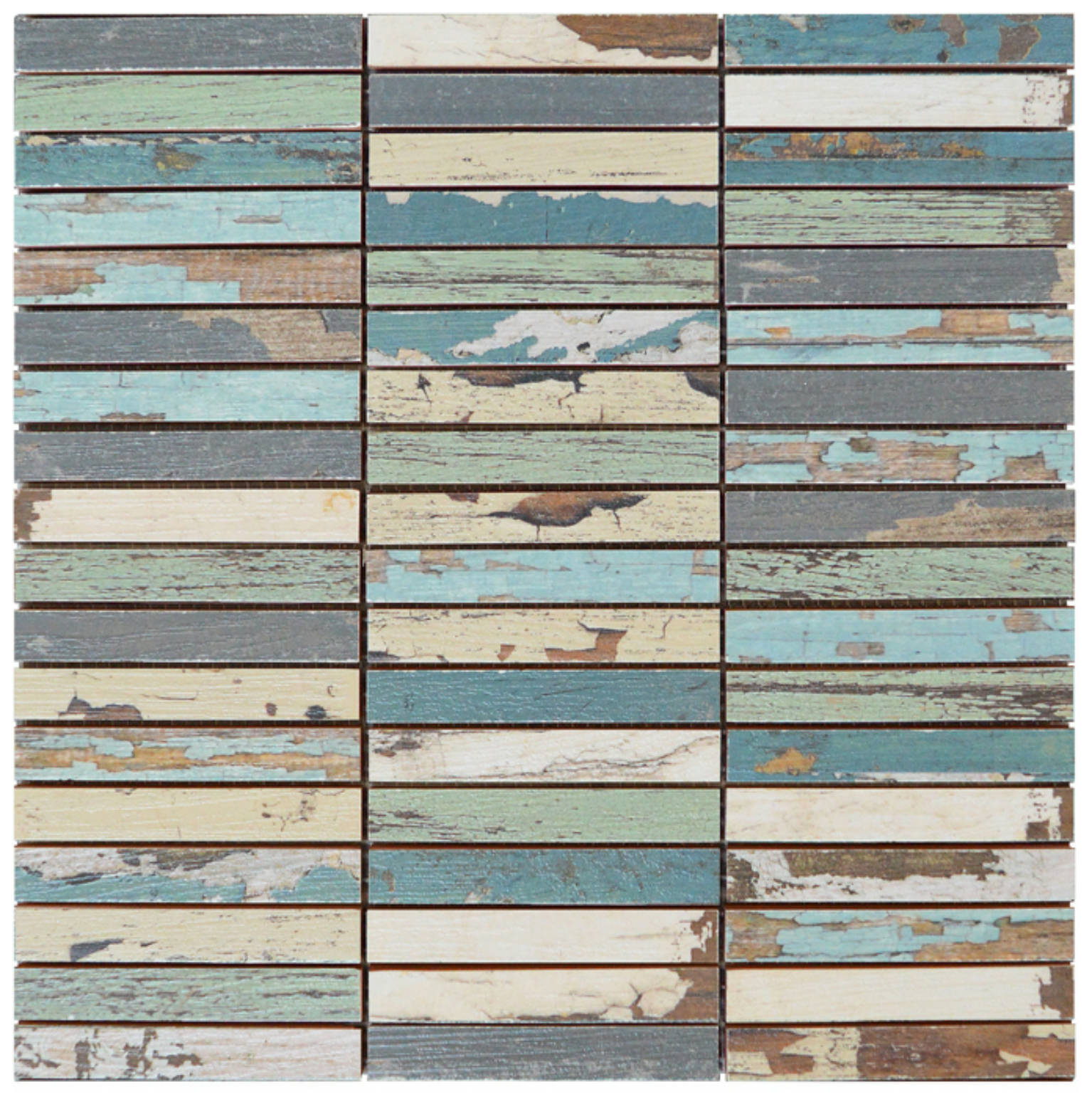 0.7x4 Wood Rectangles Mix Beige Blue Ceramic Mosaic | Tile Center