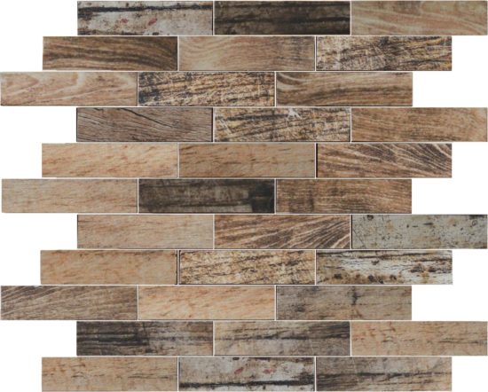 Beige Brown Mix Wood 1.1″x4″ Glazed Ceramic Mosaic