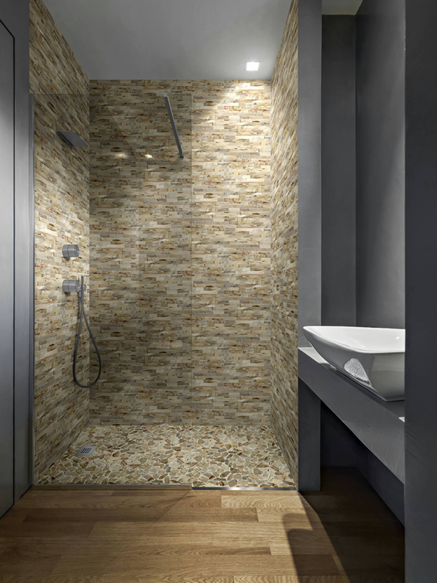 Fossil Wood Mini Opus Mix Beige Interlocking Mosaic | Tile Center