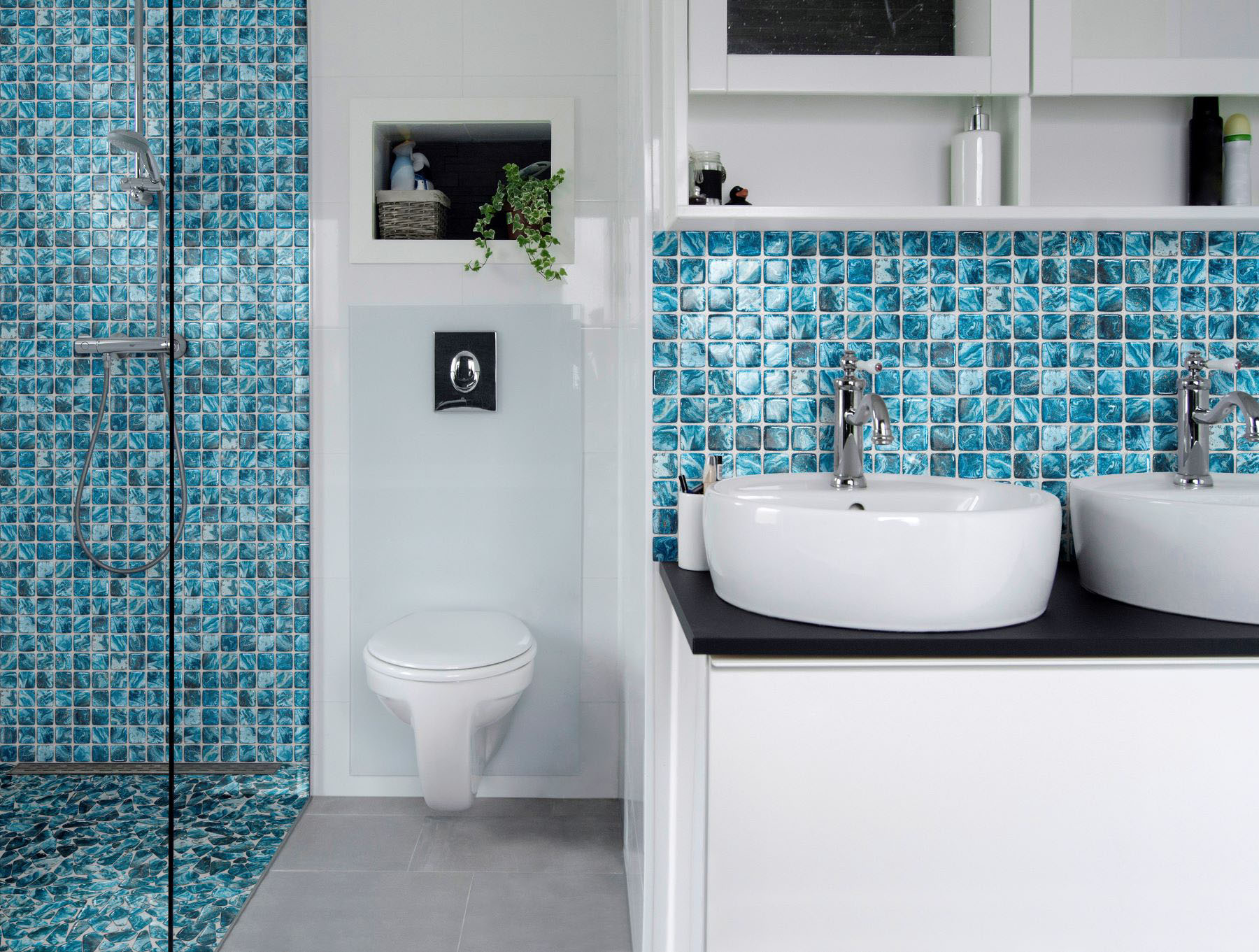 Glass Pebble Blue + Glass Square Blue Marble Pattern Mix | Tile Center